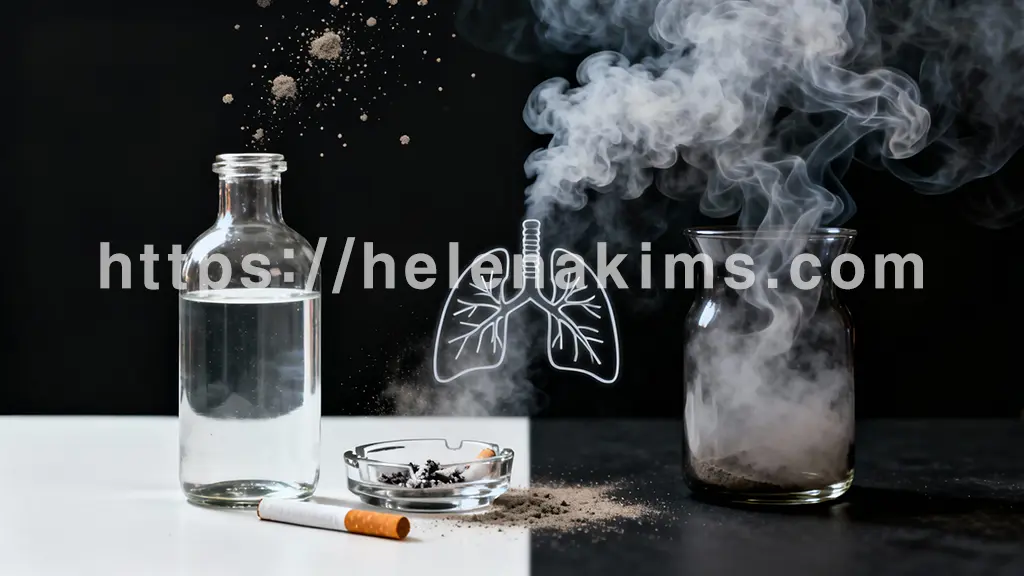 맑고 투명한 유리병에 담긴 순수한 공기를 상징하는 깨끗한 공간과, 그 옆에 놓인 담배 재떨이, 공중에 떠도는 미세한 먼지 입자들, 흐릿하게 비치는 매연 가스가 담긴 불투명한 유리 용기가 극명하게 대비 되는 이미지.