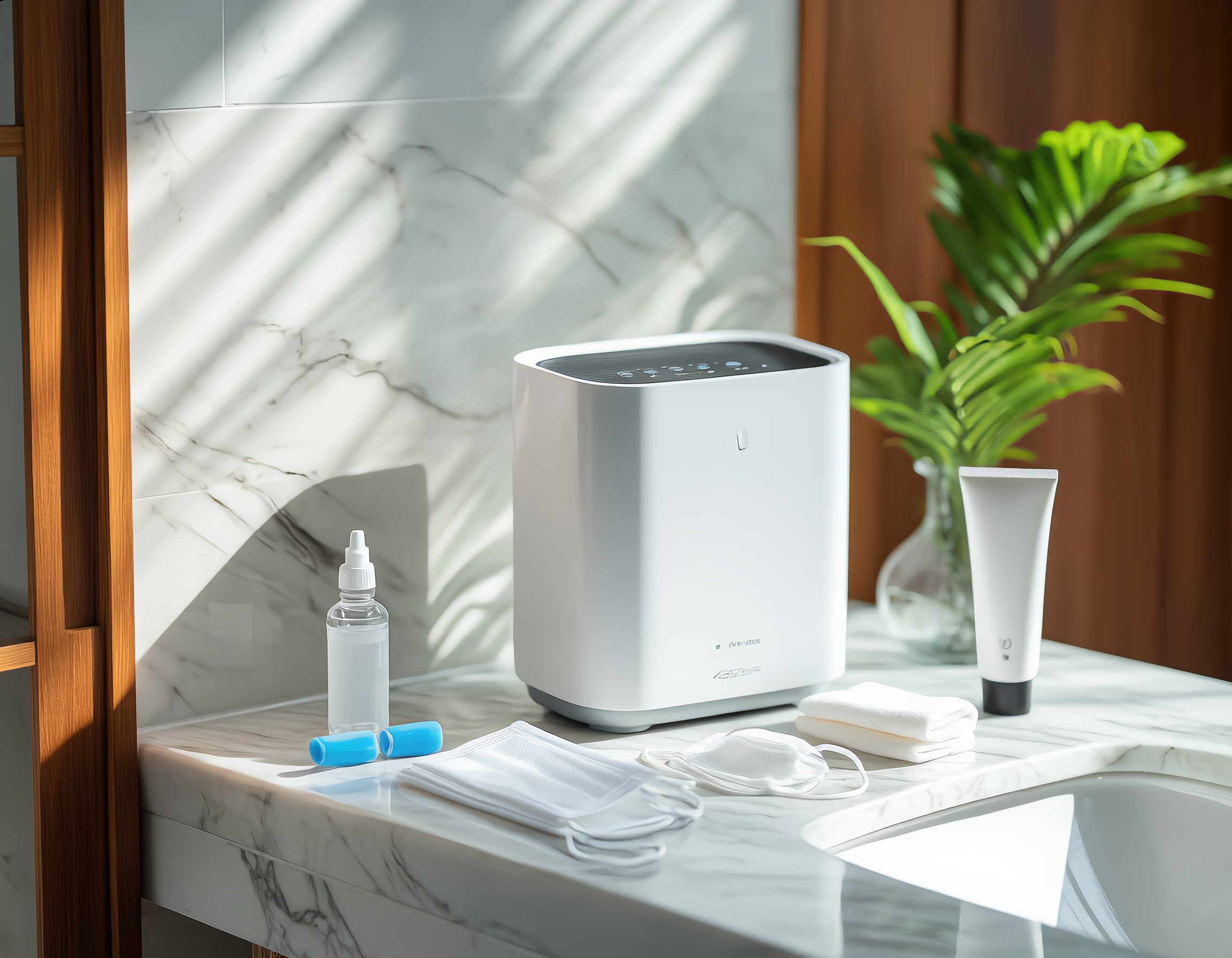 A sleek white air purifier, neatly folded masks, a transparent saline nasal rinse bottle, blue-capped artificial tear vials, and a minimalist moisturizer tube are arranged on a marble bathroom countertop under soft natural light, surrounded by dewdrop-covered greenery and warm wooden accents, evoking a serene, health-focused atmosphere with crisp shadows and clinical cleanliness.