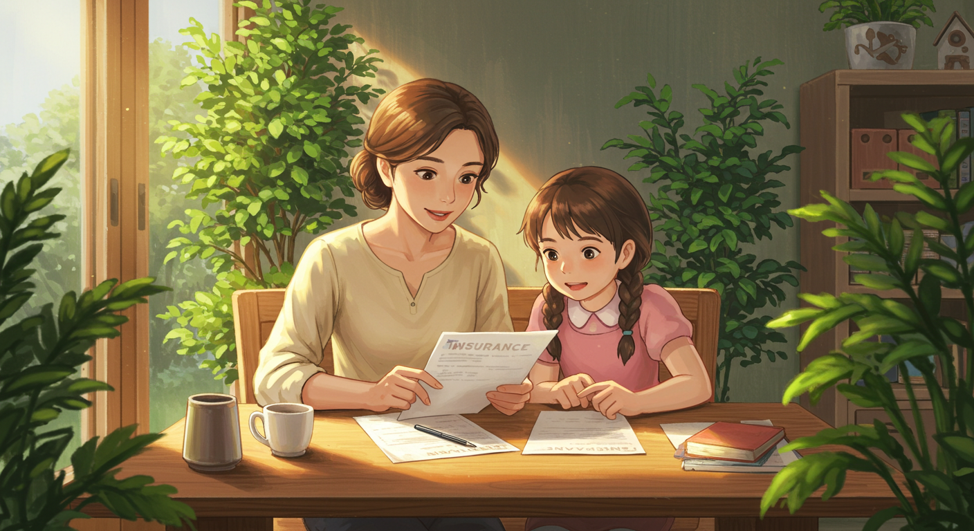 딸과 함께 보험 서류를 살펴보는 엄마 일러스트