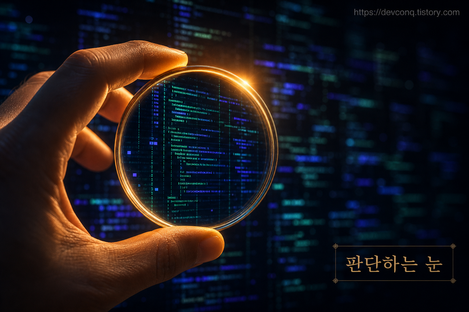 판단하는 눈을 은유한 질감 일러스트, 흐릿한 코드 배경 위로 또렷하게 초점 맞은 렌즈와 손