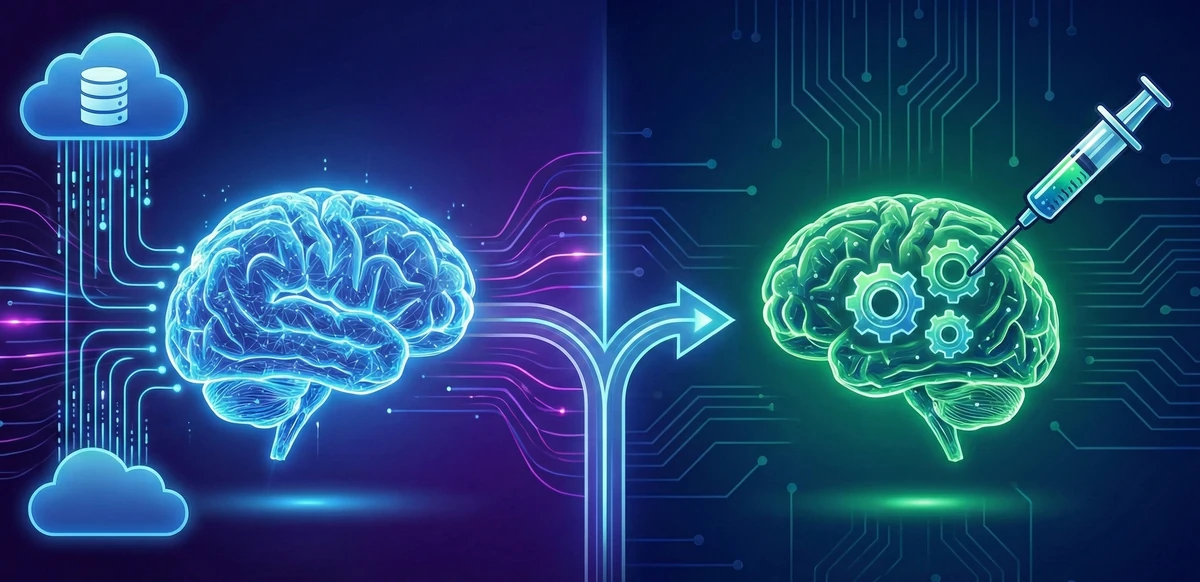 좌측의 거대한 파란색 신경망 뇌(LLM)와 클라우드 데이터베이스 연결(RAG)이 우측의 작고 정교한 초록색 신경망 뇌(sLLM) 및 주사기를 통한 데이터 주입(파인튜닝)과 대비되어, 두 AI 모델 및 최적화 전략의 차이를 시각적으로 보여주는 디지털 일러스트레이션