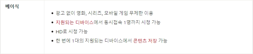 베이식 요금제 세부 정보