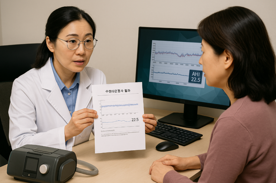 대학병원 진료실에서 중년 여성이 의사에게 수면다원검사 결과지를 설명 듣는 장면