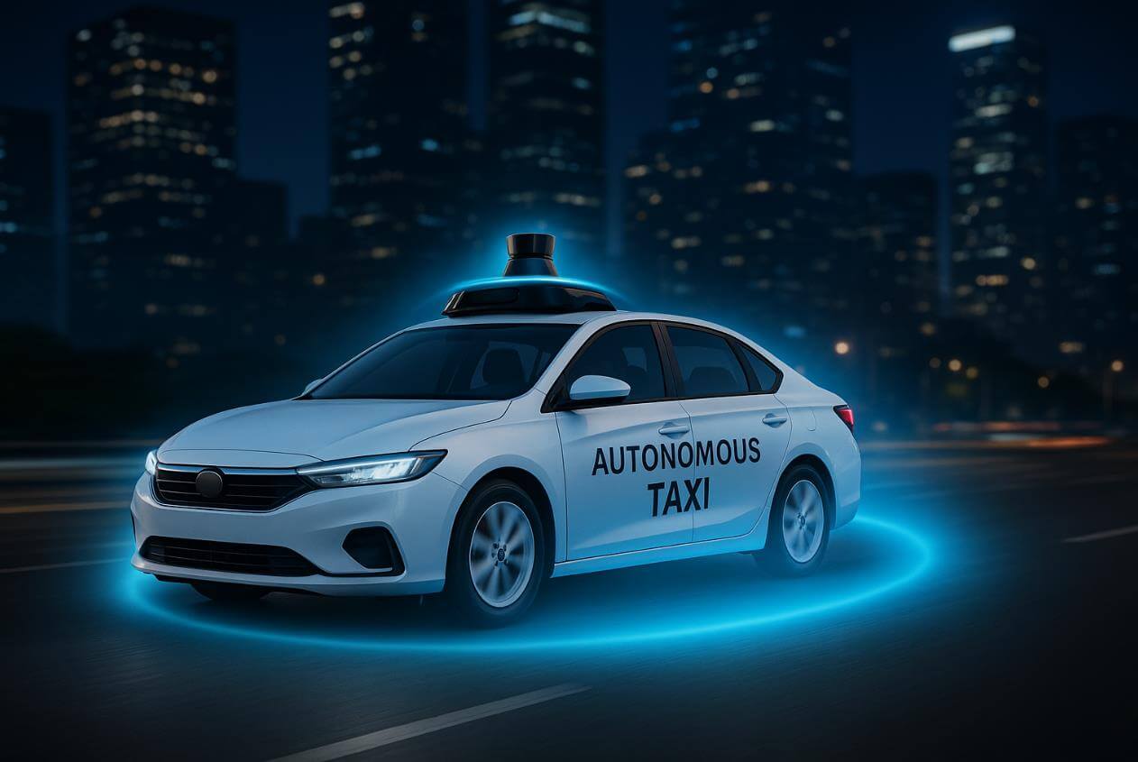 야간 도심에서 자율주행 택시가 주행하는 모습.