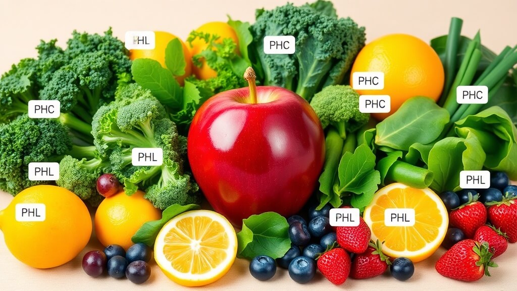 흰색 식탁 위에 가지런히 놓인 칼슘이 풍부한 유제품(치즈, 우유, 요거트)과 마그네슘이 풍부한 녹색 잎채소, 견과류. 신선하고 건강한 음식들이 조화롭게 배치되어 있다.