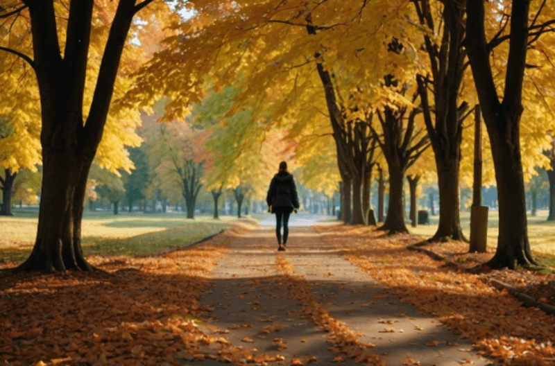 단풍나무가 많은 길을 걸어가는 사람의 뒷 모습