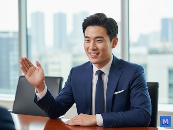 성공한 비즈니스맨이 현대적인 사무실에서 밝게 웃으며 손을 들어 인사하는 모습 via canva