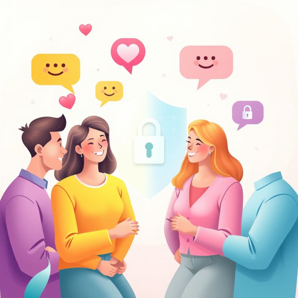 여러 사람들이 메신저를 통해 즐겁게 대화하거나 이모티콘을 주고받는 모습과 함께, 그 주변을 안전하게 감싸는 보호막이나 긍정적인 분위기의 아이콘(예: 하트, 웃는 얼굴, 자물쇠)들을 배치합니다. 평화롭고 안전한 분위기를 연출합니다.