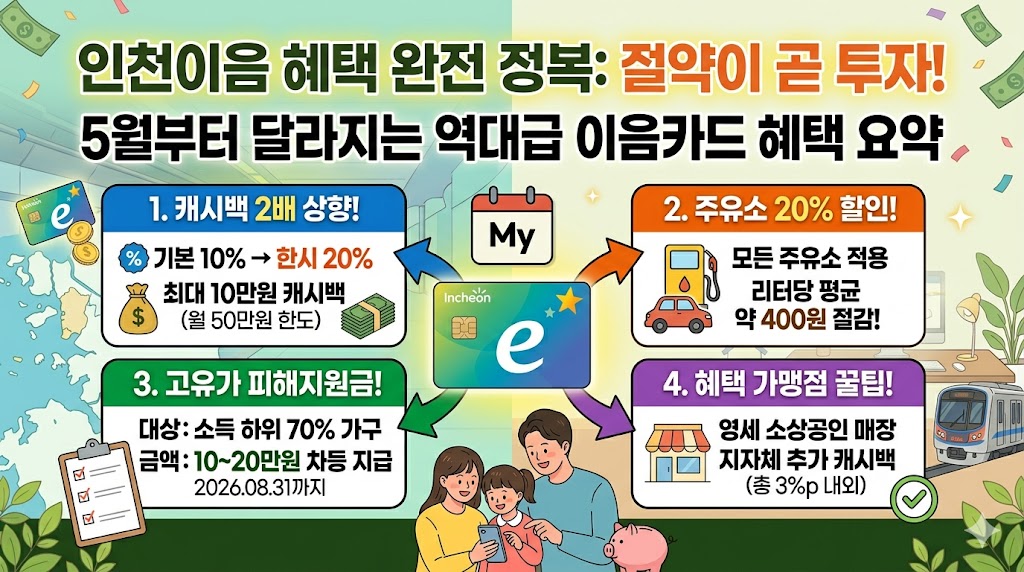 5월부터 상향되는 인천e음카드(이음카드) 혜택 요약 인포그래픽. 캐시백 10%에서 20%로 상향, 월 결제 한도 30만원에서 50만원으로 확대, 모든 주유소 20% 할인(리터당 약 400원 절감), 고유가 피해지원금 지급 대상 및 금액 안내.