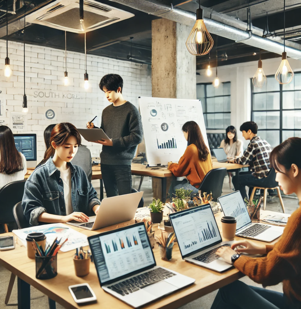 공유 오피스에서 스타트업 전략을 논의하는 팀원들