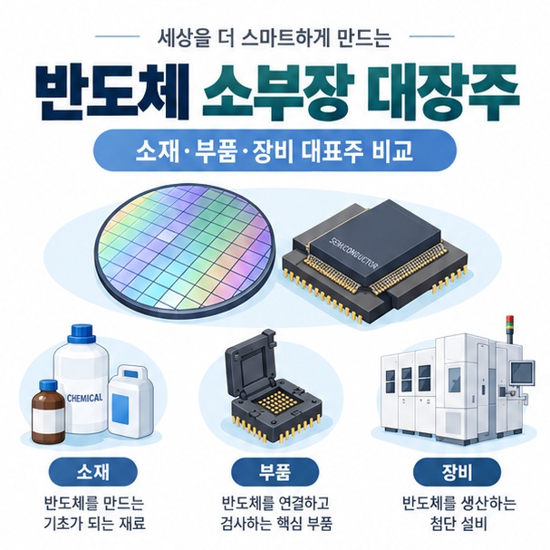 반도체 소부장 대장주와 소재 부품 장비 세 분야를 반도체 웨이퍼와 함께 보여주는 이미지