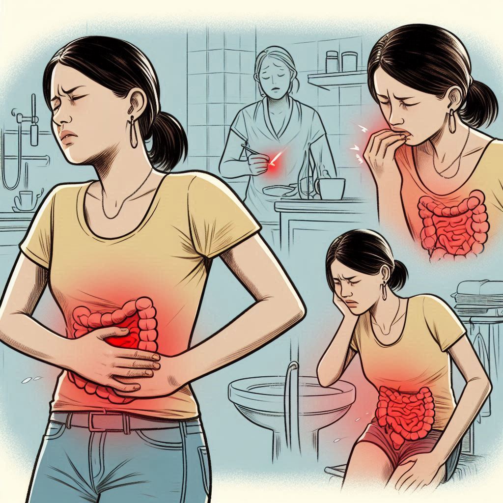 복통, 구토로 힘들어하는 여성의 모습