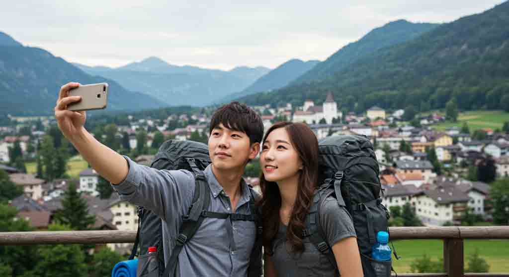 할슈타트를 배경으로 기념사진 촬영하는 커플