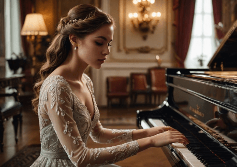 피아노를 치고 있는 아름다운 소녀 그림