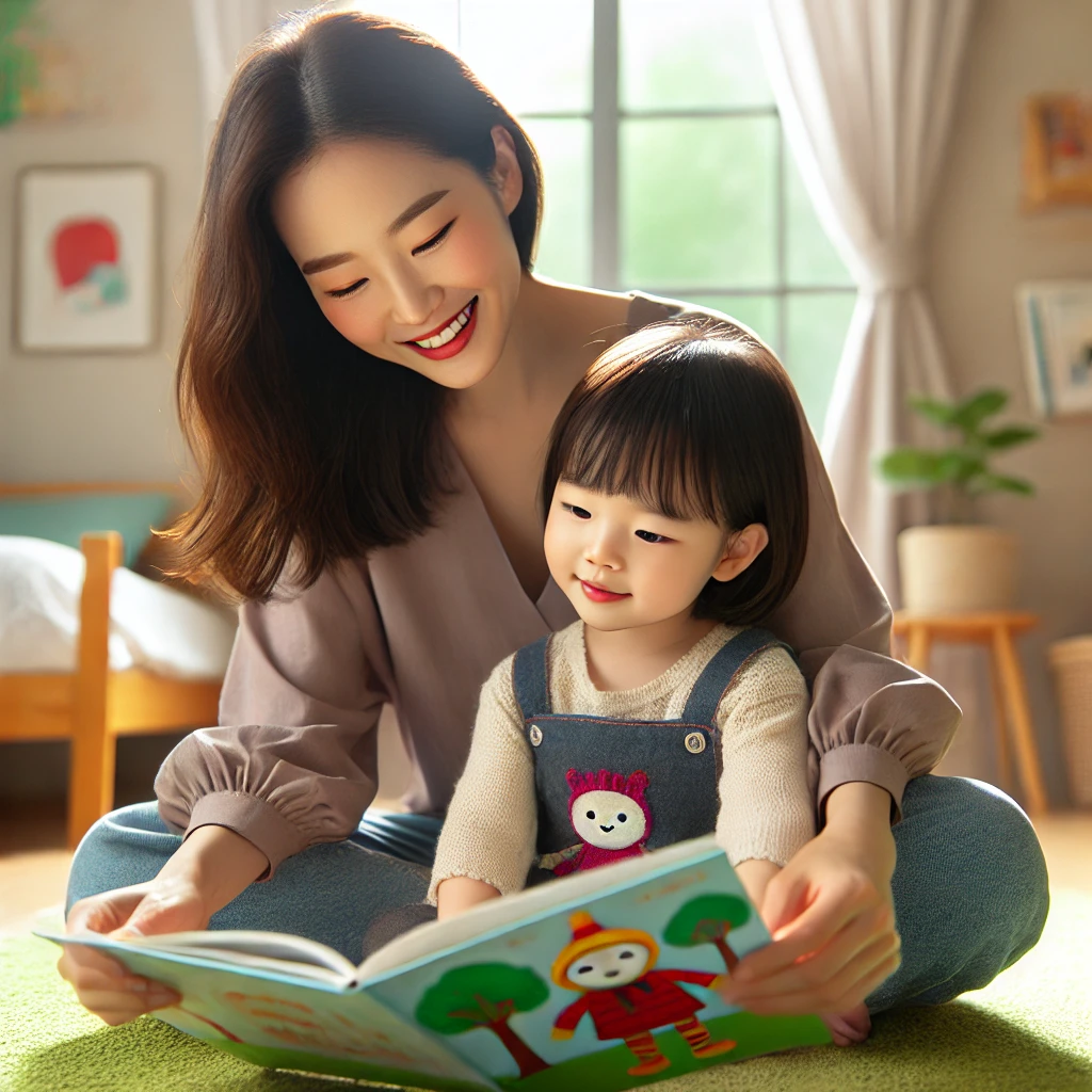 엄마가 밝게 웃으며 아이에게 그림책을 읽어주고 아이가 집중하여 듣는 모습