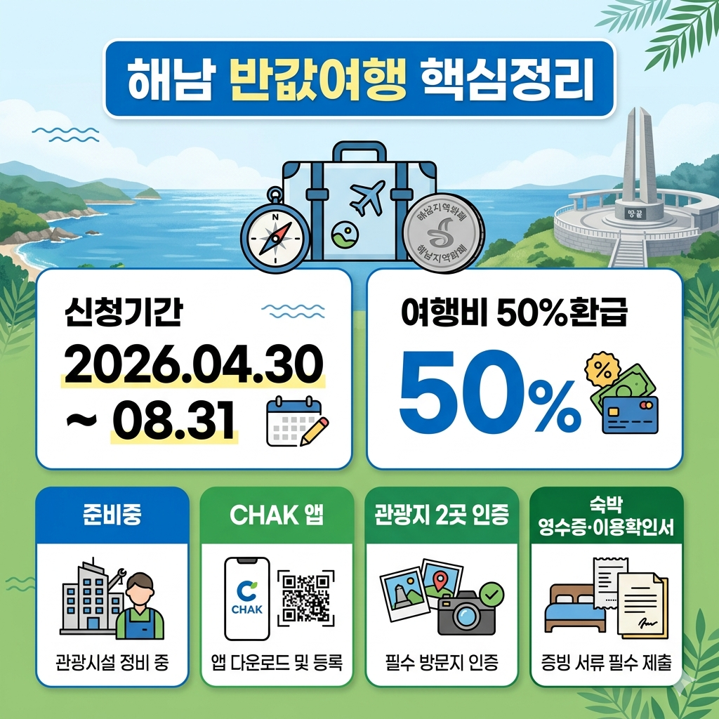 해남 반값여행 신청방법, 일정, 준비중 상태, CHAK 앱, 인증서류 인포그래픽