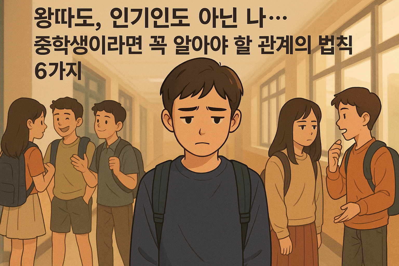 왕따도-인기인도-아닌-나-중학생이라면-꼭-알아야-할-관계의-법칙-6가지-학교-복도에-혼자-있는-중학생-소년-양쪽에-친구들과-어울리는-학생들-외로움과-고민의-표정-따뜻한-조명-감정-중심-장면-일러스트-스타일