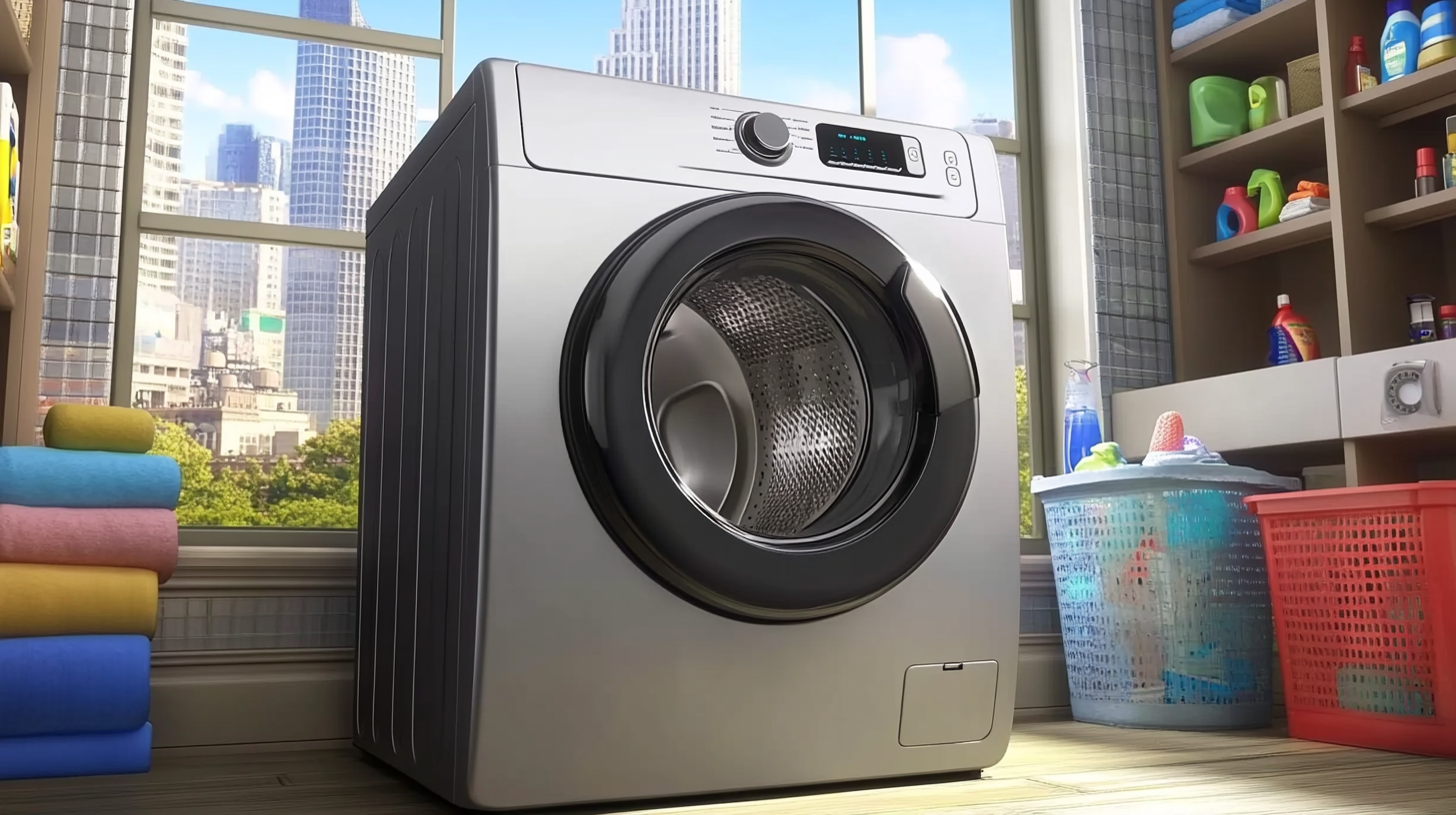 밝고 넓은 세탁실에 있는 현대적인 삼성 세탁기의 이미지로, 창밖의 활기찬 도시 풍경이 보이며 최첨단 기술과 우아한 디자인이 돋보입니다.