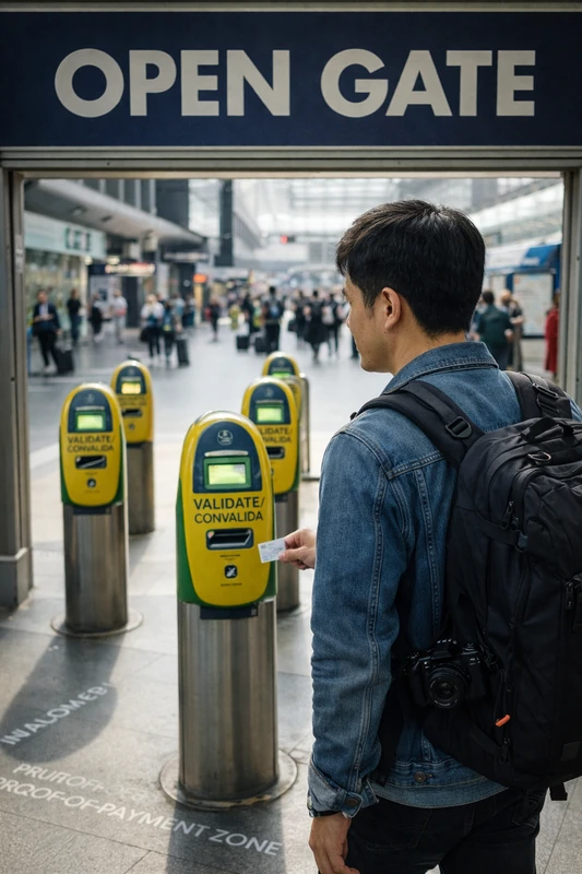 유럽의 대형 기차역 오픈 게이트 입구에서 배낭을 멘 남성 여행자가 노란색 승차권 검표기 앞에 서서 티켓을 확인하는 모습. 통로에는 물리적 개찰구가 없고, 바닥에는 무임승차 단속 구역을 뜻하는 안내 문구가 보인다.