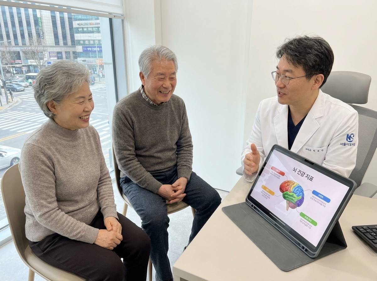 환하게 웃으며 의사와 상담하고 있는 노부부의 모습