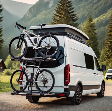 캠핑카에 자전거캐리어 거치한 모습
