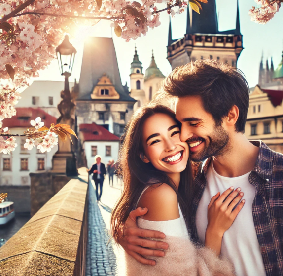 따뜻한 봄 유럽으로 신혼여행온 신혼부부