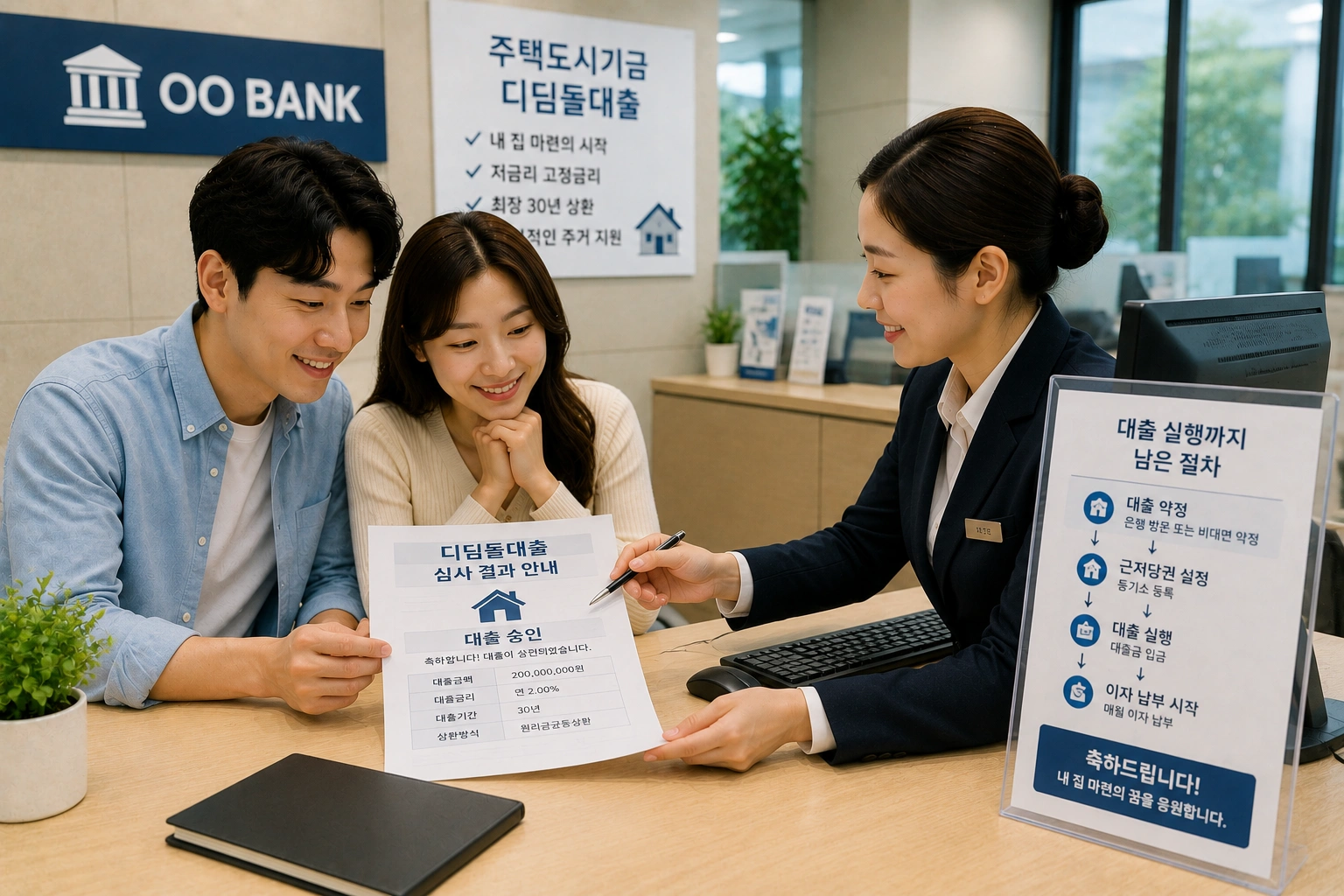 디딤돌대출 승인 후 은행 상담원과 함께 대출 절차를 마무리하며 내 집 마련을 준비하는 한국인 신혼부부의 모습