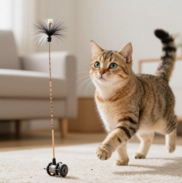 실내에서 장난감을 가지고 노는 고양이의 모습