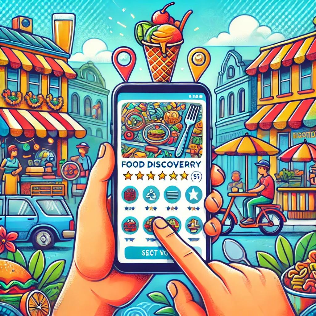 여행자가 맛집 탐색 어플을 활용하는 모습을 담은 일러스트