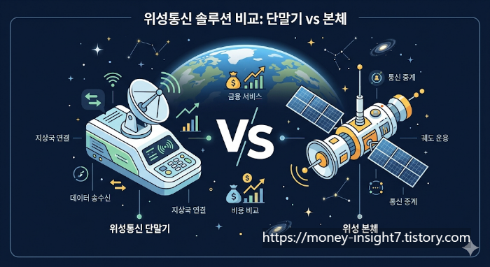 위성통신 솔루션 비교(단말기 vs 본체) 인포그래픽: 지상국 연결 및 데이터 송수신을 담당하는 '위성통신 단말기'와 궤도 운용 및 통신 중계를 담당하는 '위성 본체'의 기술적 차이를 시각화한 이미지. 중앙에는 금융 서비스 및 비용 비교를 나타내는 아이콘과 함께 'Vs' 문구가 배치되어 있음.