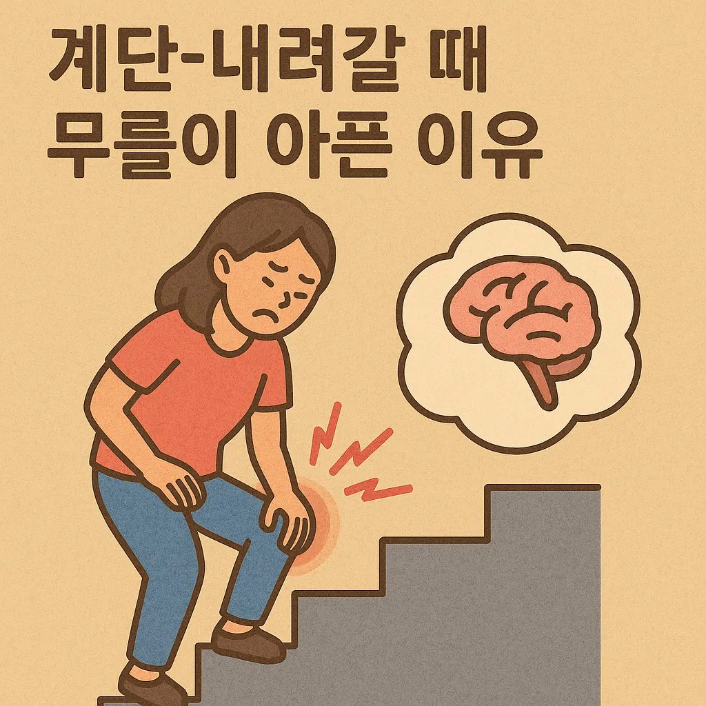 계단-내려갈-때-무릎이-아픈-이유를-묘사한-일러스트로-계단을-내려가다-무릎을-부여잡고-고통스러워하는-여성이-표현됨