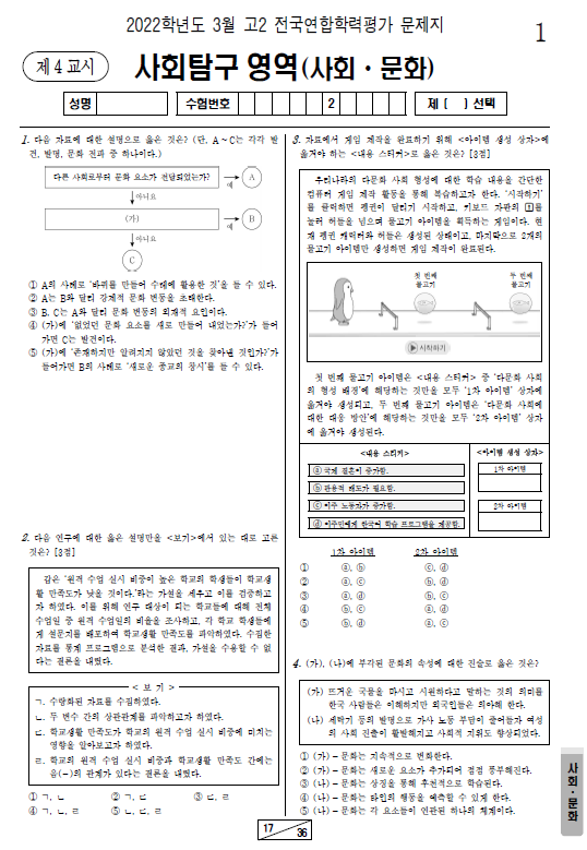 2022-3월-고2-모의고사-사회 문화-기출문제-다운