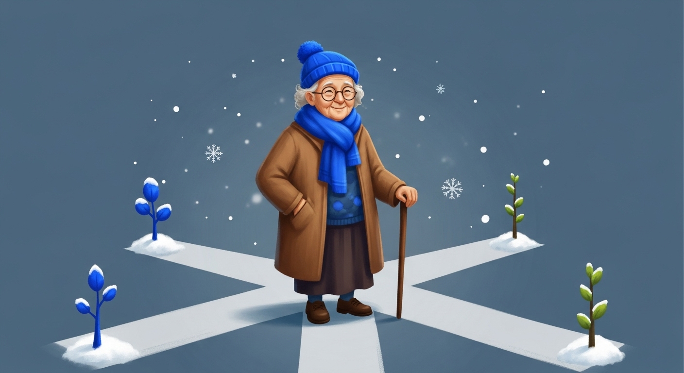 다양한 삶의 갈림길에서 자신감 넘치게 서 있는 현명하고 행복한 노년층 인물. 겨울과 성장을 상징하는 요소들이 배경에 어우러져 있습니다.