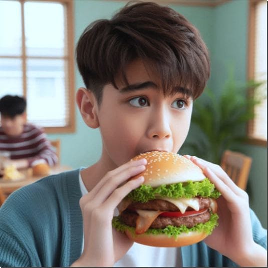 LDL 콜레스테롤 수치 높이는 요인, 인스턴트 음식먹는 소년