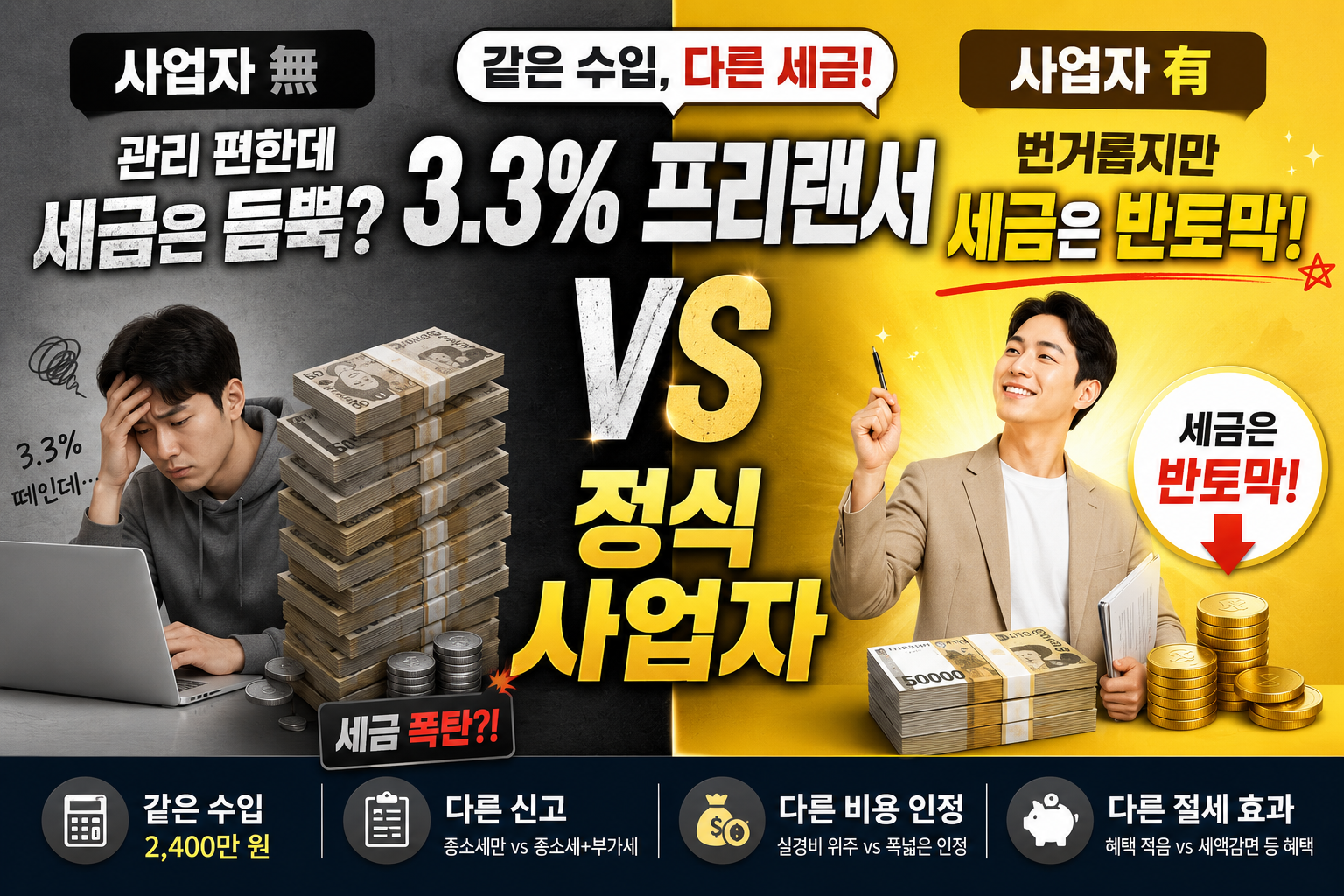 프리랜서 3.3% 원천징수 세금과 사업자등록 유무에 따른 종합소득세 차이를 비교한 썸네일 이미지 (사업자 미등록 vs 개인사업자 세금 비교)