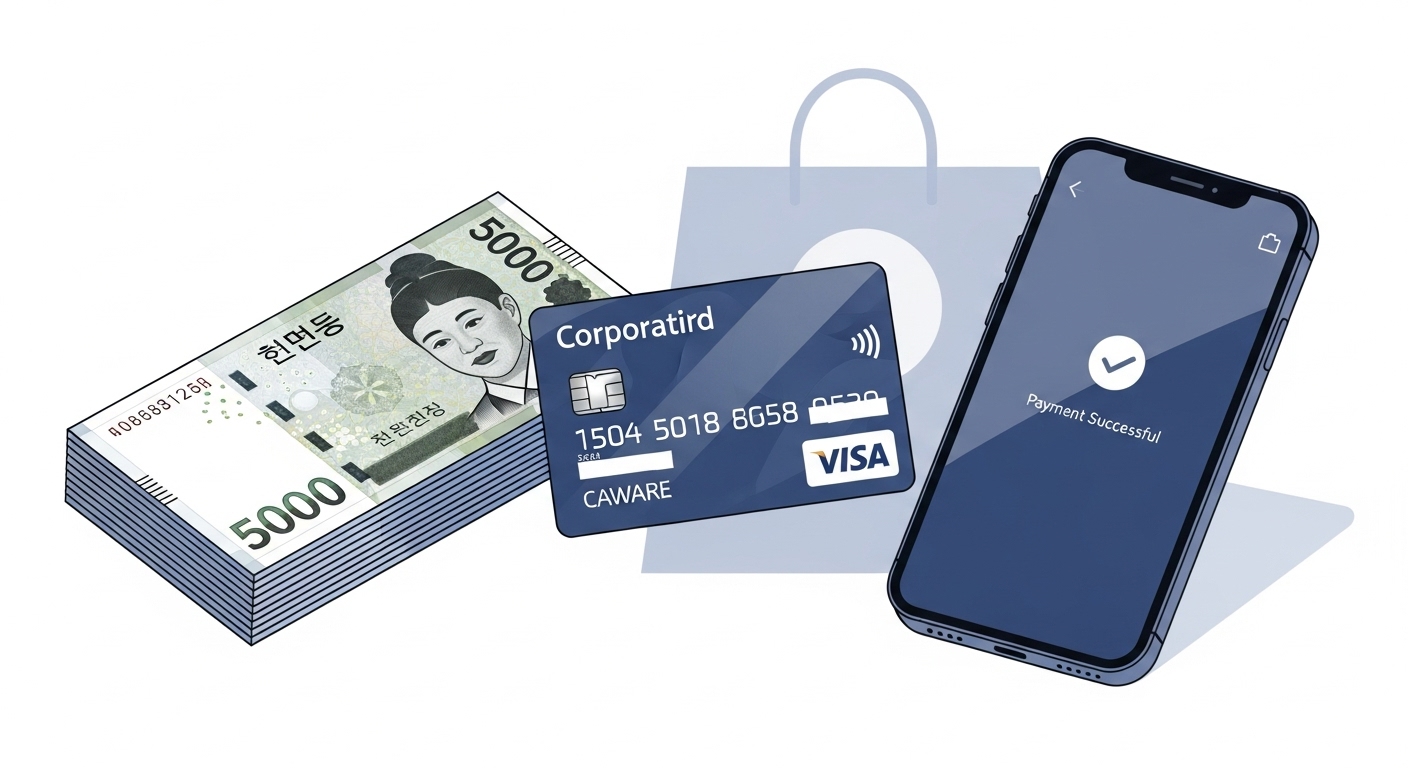 현금, 법인카드, 모바일 결제 화면이 함께 놓여 현대상품권의 다양한 구매 방법을 보여주는 이미지