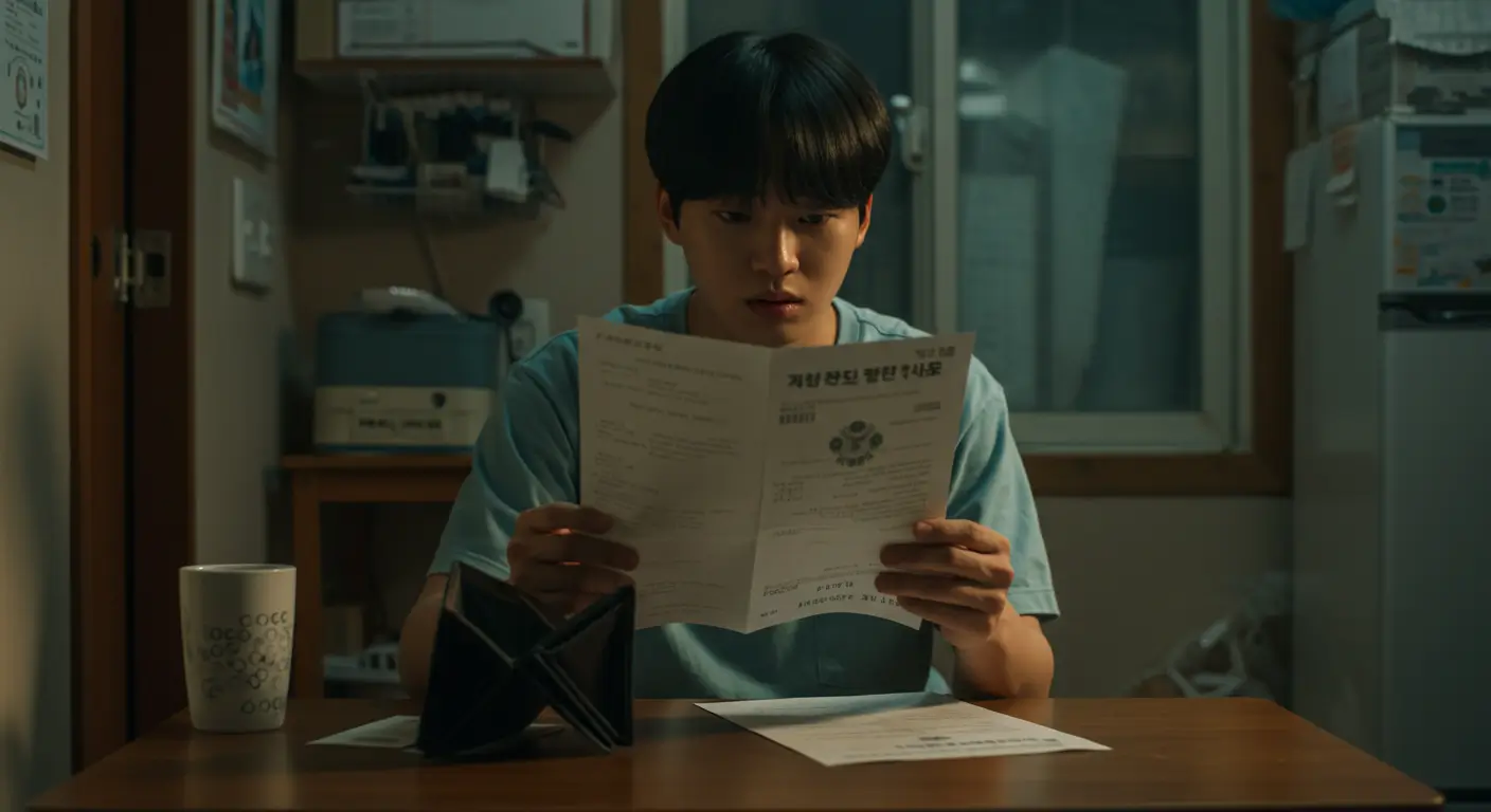 한국의 원룸에서 월세 계약서와 텅 빈 지갑을 보며 보증금 담보대출을 고민하는 세입자