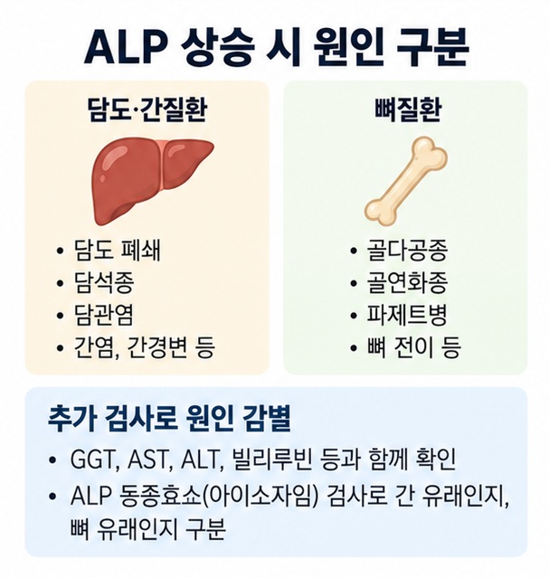 ALP 상승 시 담도 간질환과 뼈질환을 구분하기 위해 GGT AST ALT 빌리루빈과 동종효소 검사를 함께 확인하는 이미지