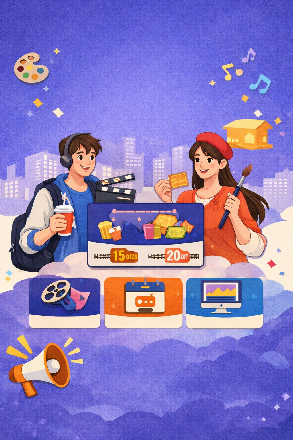 청년문화예술패스를 상징하는 일러스트. 영화 클래퍼보드와 음료를 든 남성 청년, 티켓과 붓을 든 여성 청년이 도시 배경 앞에서 문화예술을 즐기고 있다. 중앙에는 카드와 15&middot;20 숫자가 표시되어 수도권&middot;비수도권 지원금 차이를 나타내며, 하단에는 영화&middot;공연&middot;예술 아이콘이 배치되어 있다