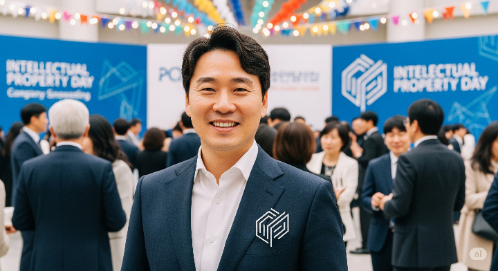 지식재산의 날 기념 행사에서 로고와 함께 미소 짓는 지식재산 전문가