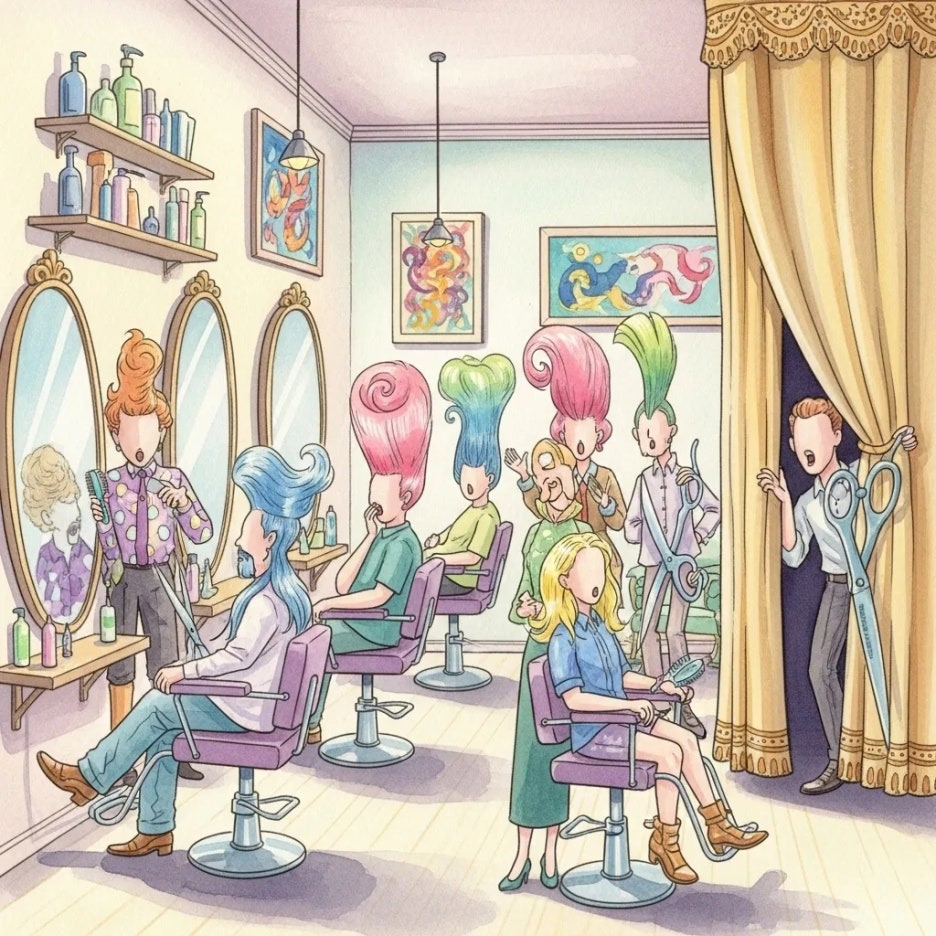미용실 배경의 코믹 추리 연극 장면