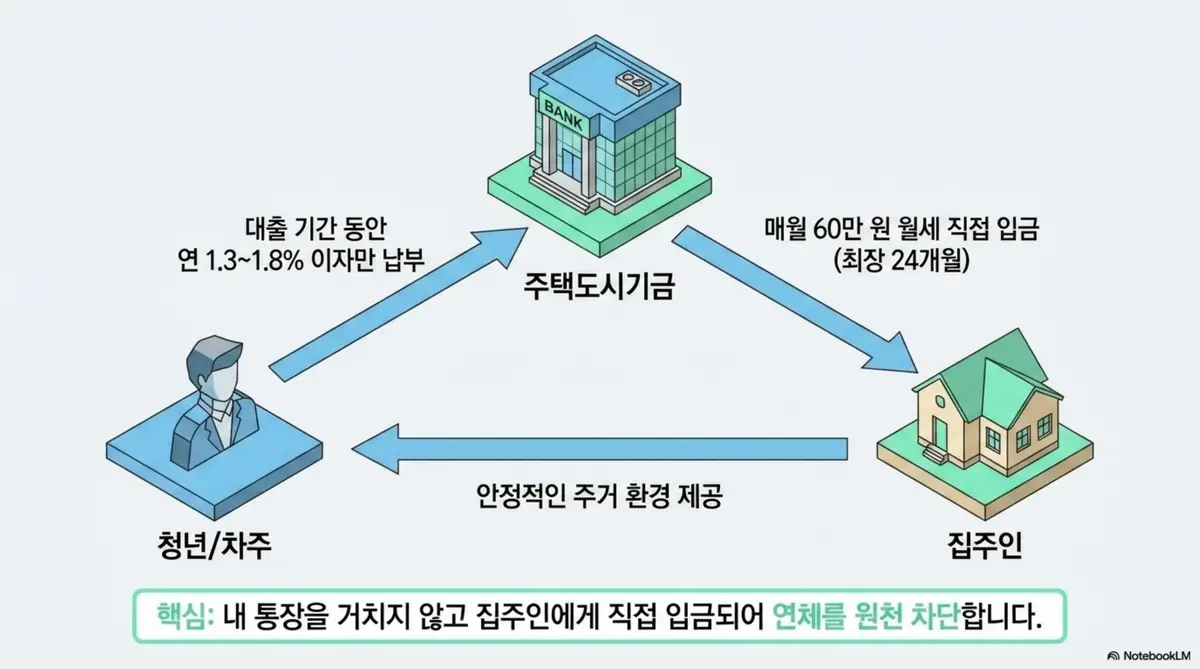 주거안정월세대출: 주택도시기금이 청년 차주에게 연 1.3%~1.8% 이자만 받고 매월 60만 원 월세를 집주인에게 직접 입금하는 주거안정월세대출 대출 구조 흐름도. 내 통장을 거치지 않고 임대인에게 직접 입금되어 연체를 원천 차단하는 구조를 설명하는 이미지