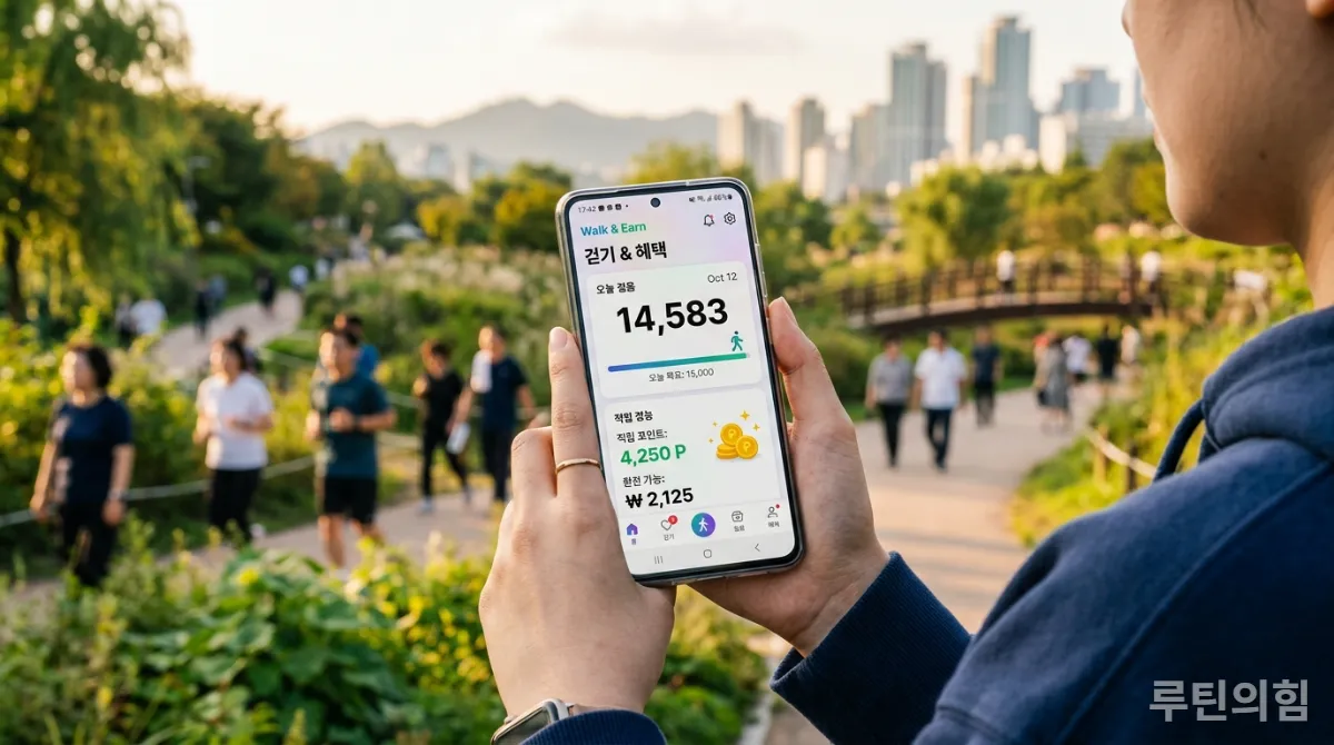 걷기 앱 화면이 보이는 스마트폰을 든 한국 여성의 손