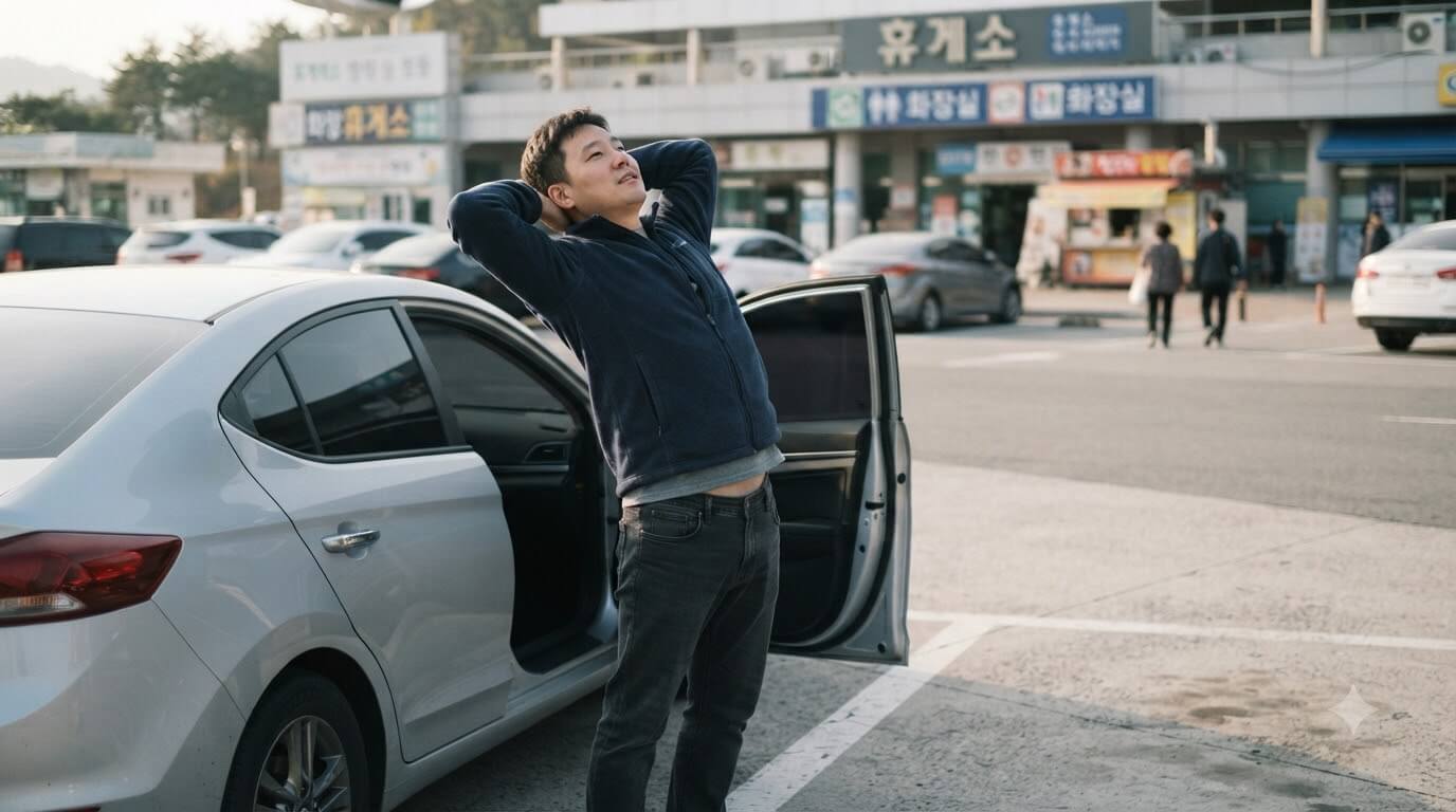 장거리 운전 중인 남성이 고속도로 휴게소에 정차해 차에서 내려 허리를 펴며 스트레칭하는 모습