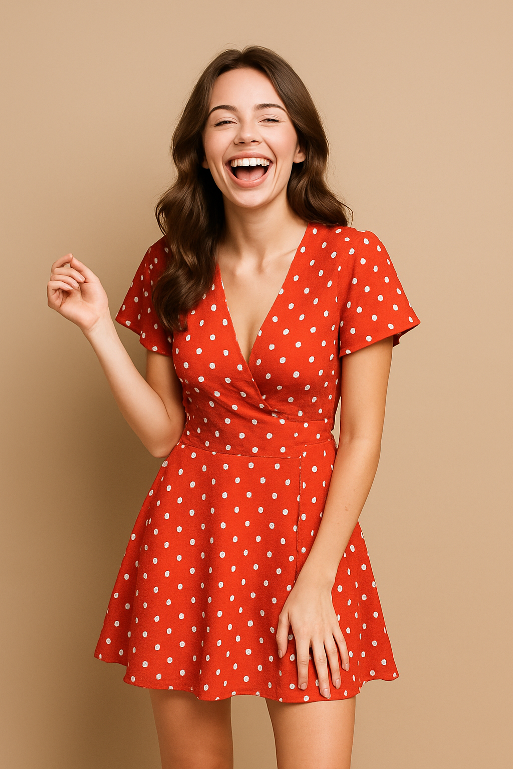 흰 도트에 진한 오렌지색 원피스를 입은 여자