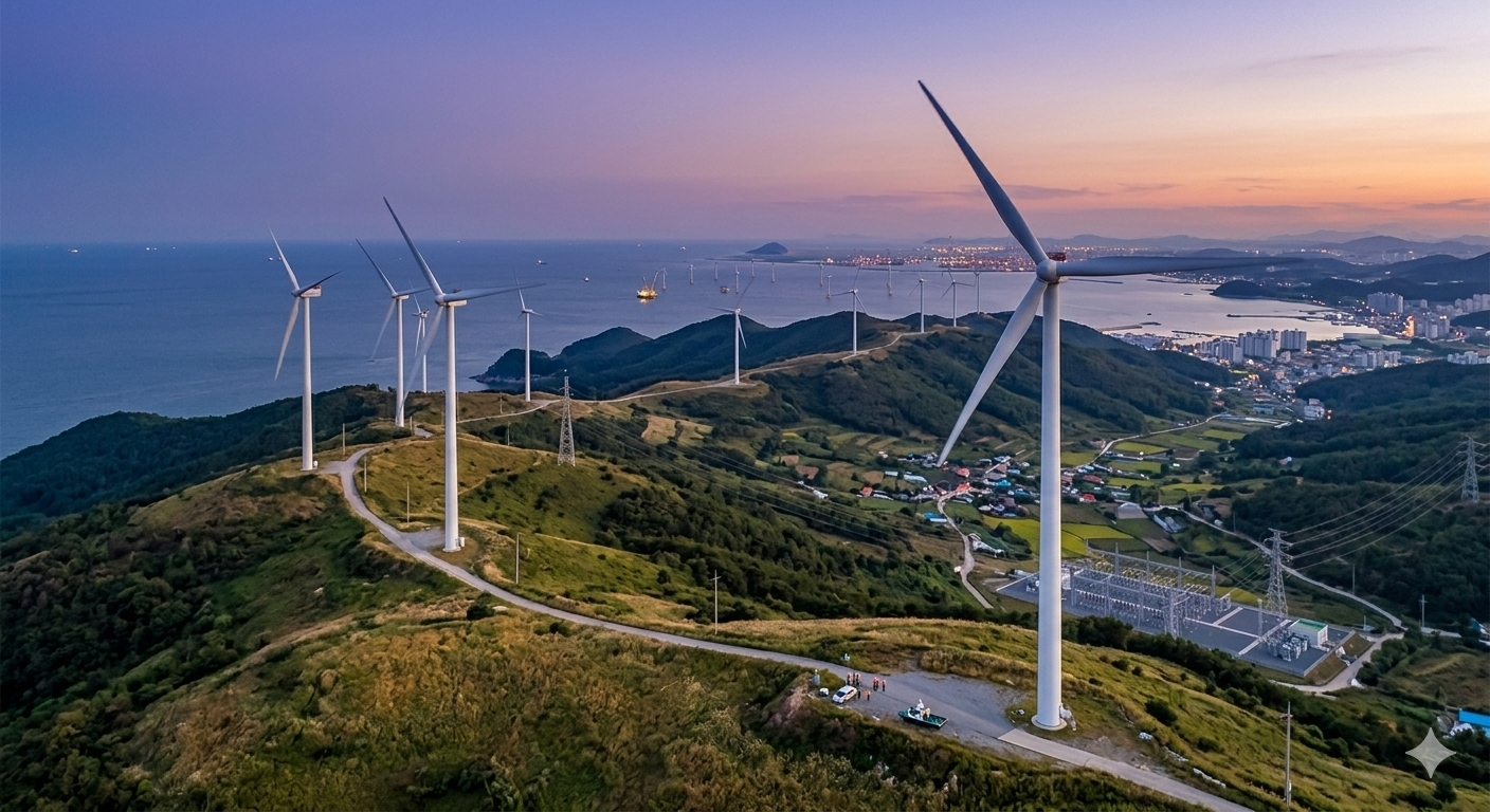 해질녘 능선을 따라 설치된 거대한 육상풍력 발전기들과 멀리 바다가 보이는 풍경, 금양그린파워의 재생에너지 사업과 주가 전망을 상징하는 고화질 이미지