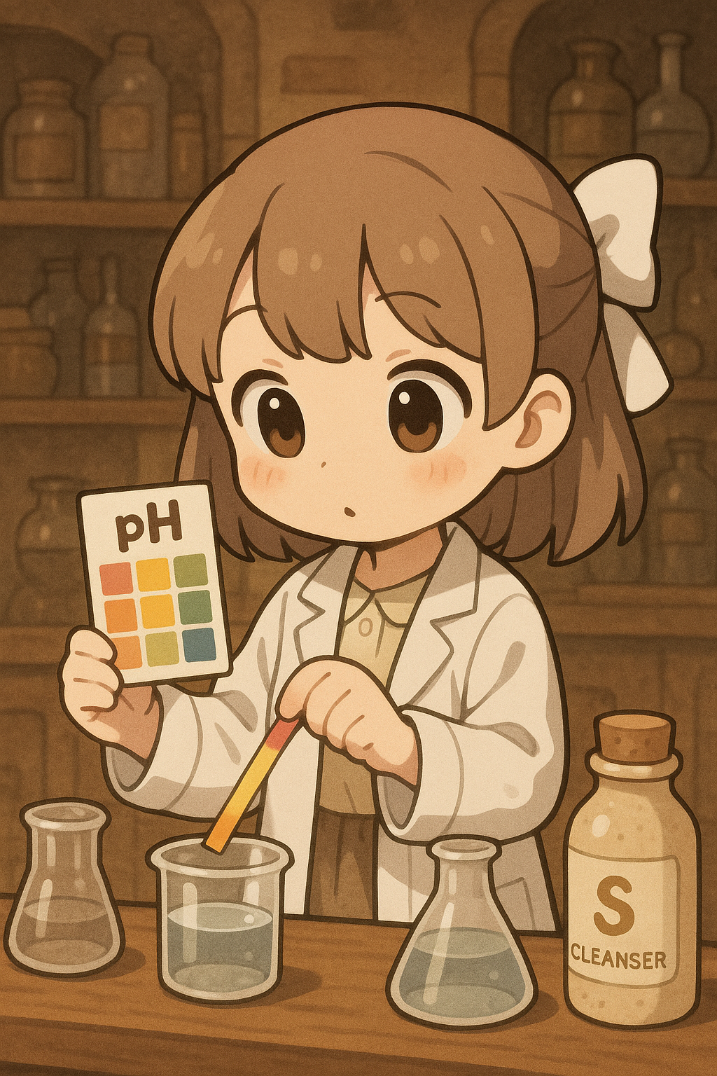 귀여운 애니메이션 스타일의 연구원 복장의 소녀가 오래된 유럽식 연구실에서 pH 색 변화표와 리트머스 종이로 세안제의 산도(pH)를 확인하고 있는 장면