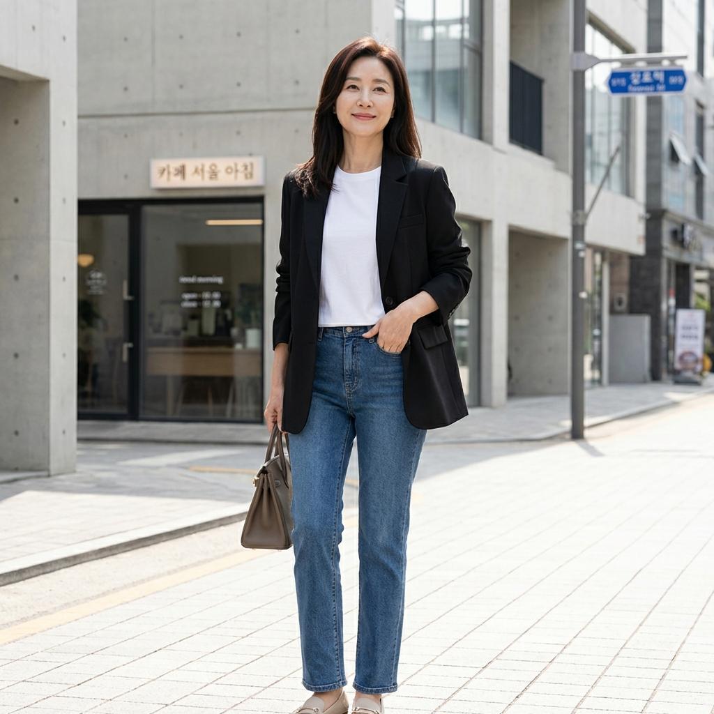 청바지에 잘 어울리는 50대 블랙 자켓 스타일링