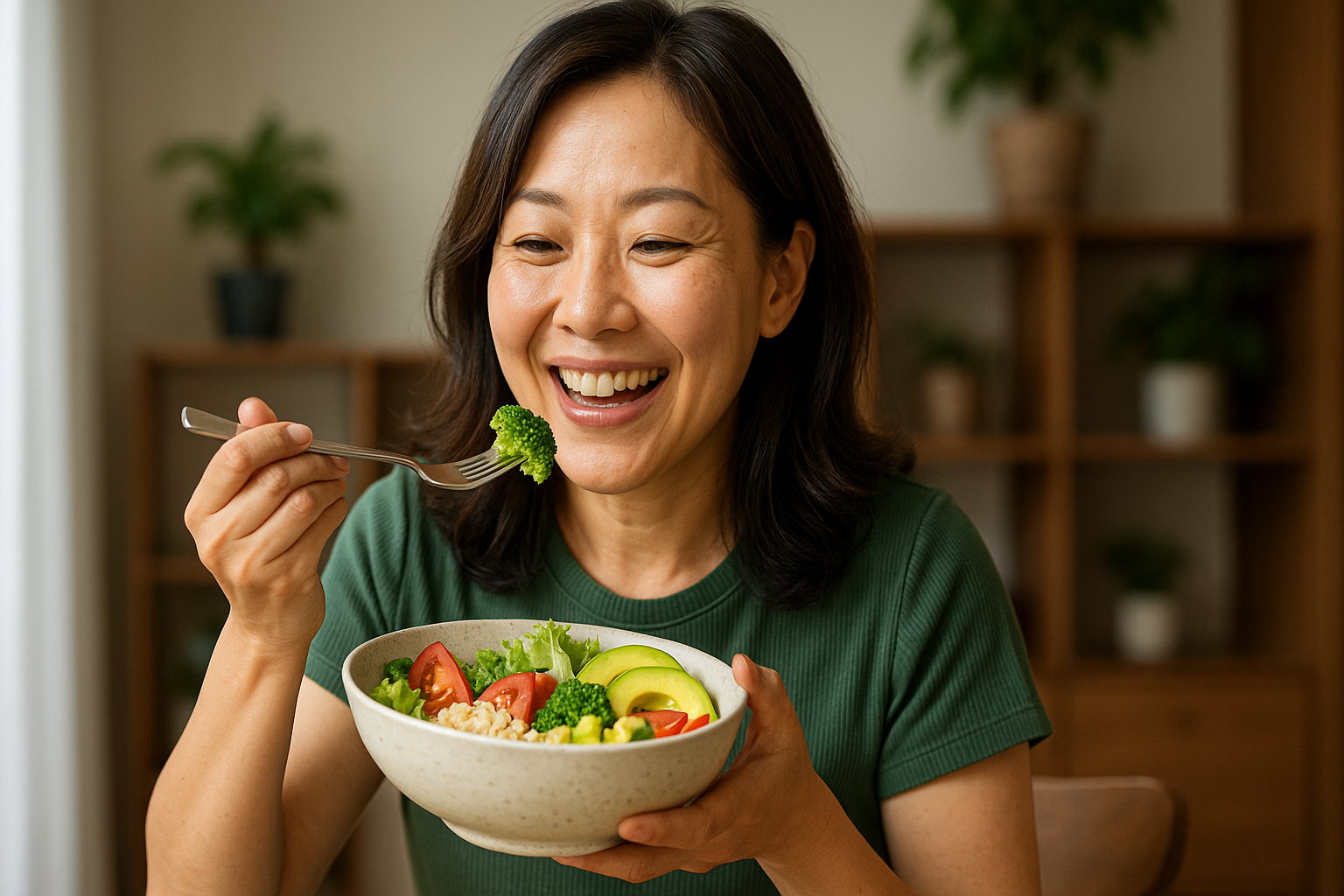 채식 위주 식사를 하는 중년 여성