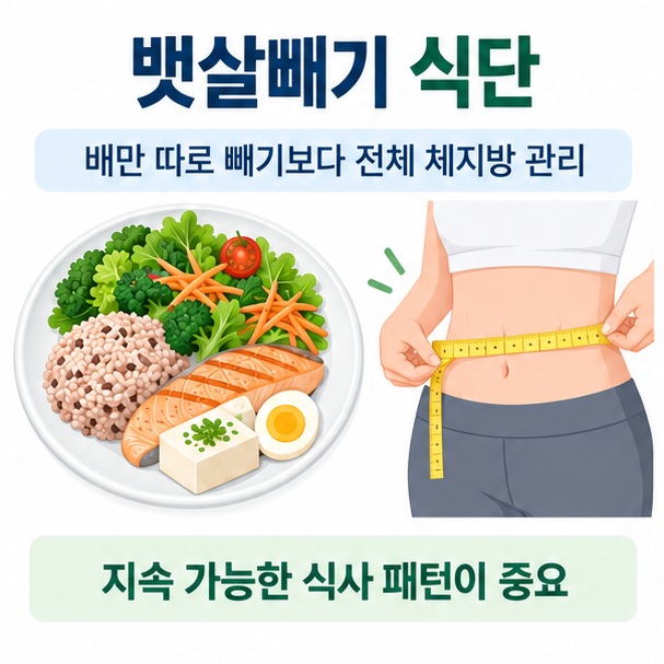 뱃살빼기 식단이라는 제목과 채소 단백질 통곡물 물을 균형 있게 담은 식판과 허리둘레 측정을 함께 표현한 대표 이미지